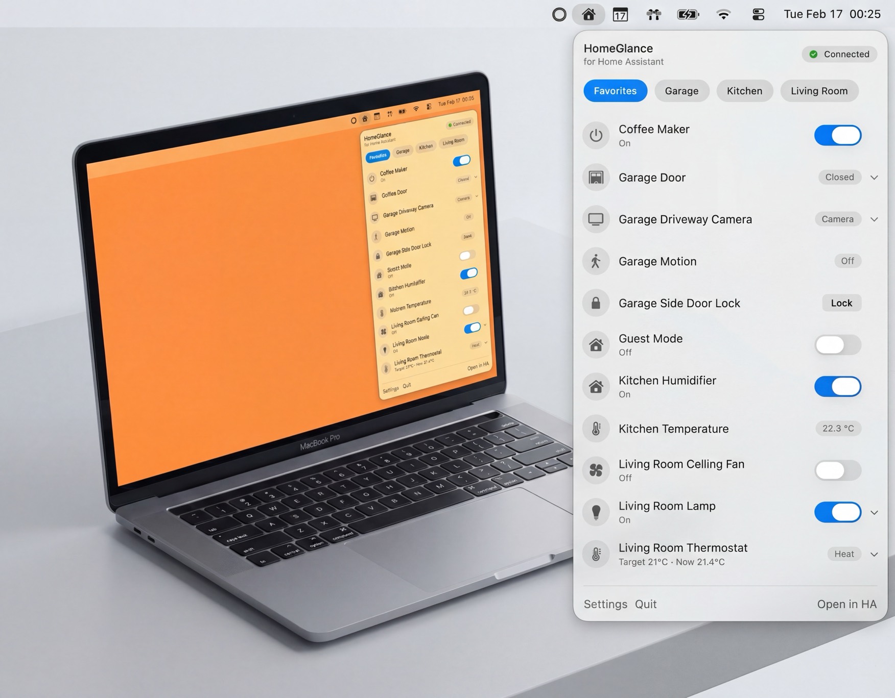 HomeGlance app interface running on macOS